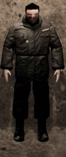 A Player wearing the Policeman's Raincoat.