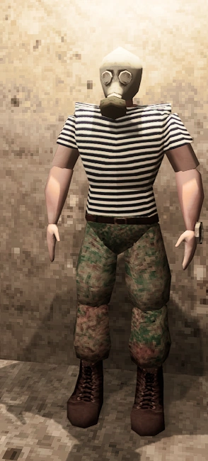 A Player wearing a Gas Mask.