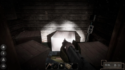 There is a little shed attached to the side with boxes and a wood turbine spawn
